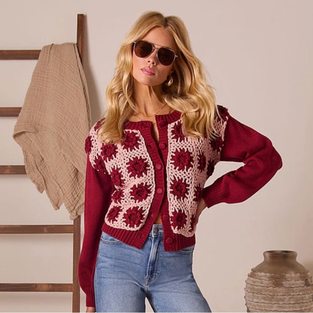 Vici Burgundy and Blush Crochet Cardigan